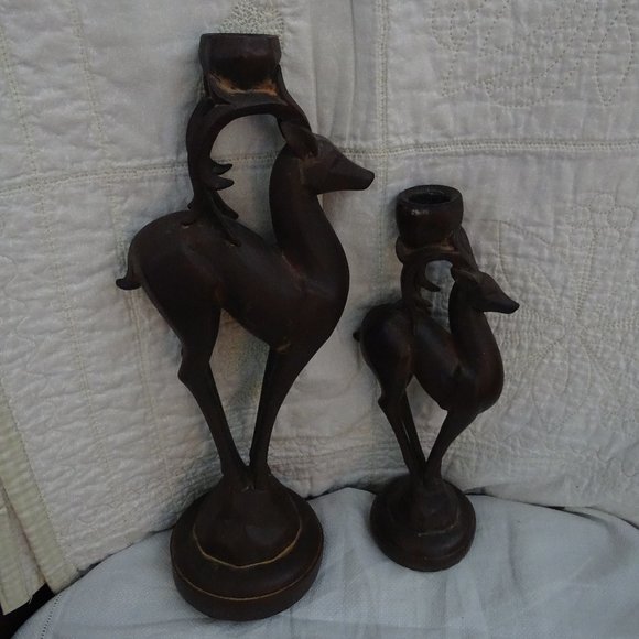 Christmas Giftcraft Inc Wooden Reindeer Candle Holders Statue Dark Solid Wood - Picture 1 of 5